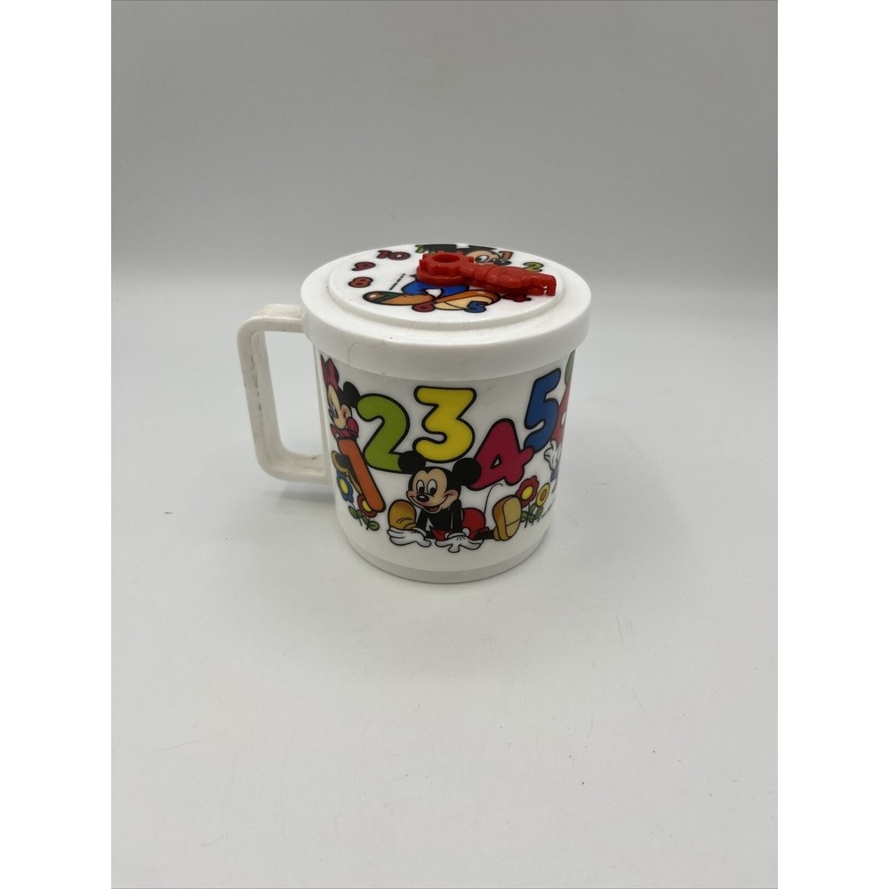 VTG 70s Walt Disney Mickey Mouse Clock Learning Child's Cup Plastic Mug w/ Lid